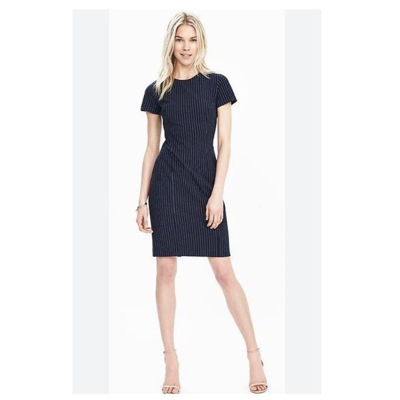 Banana Republic Navy Blue Pinstripe Sheath Dress Short Sleeve Size 4 - Picture 1 of 11